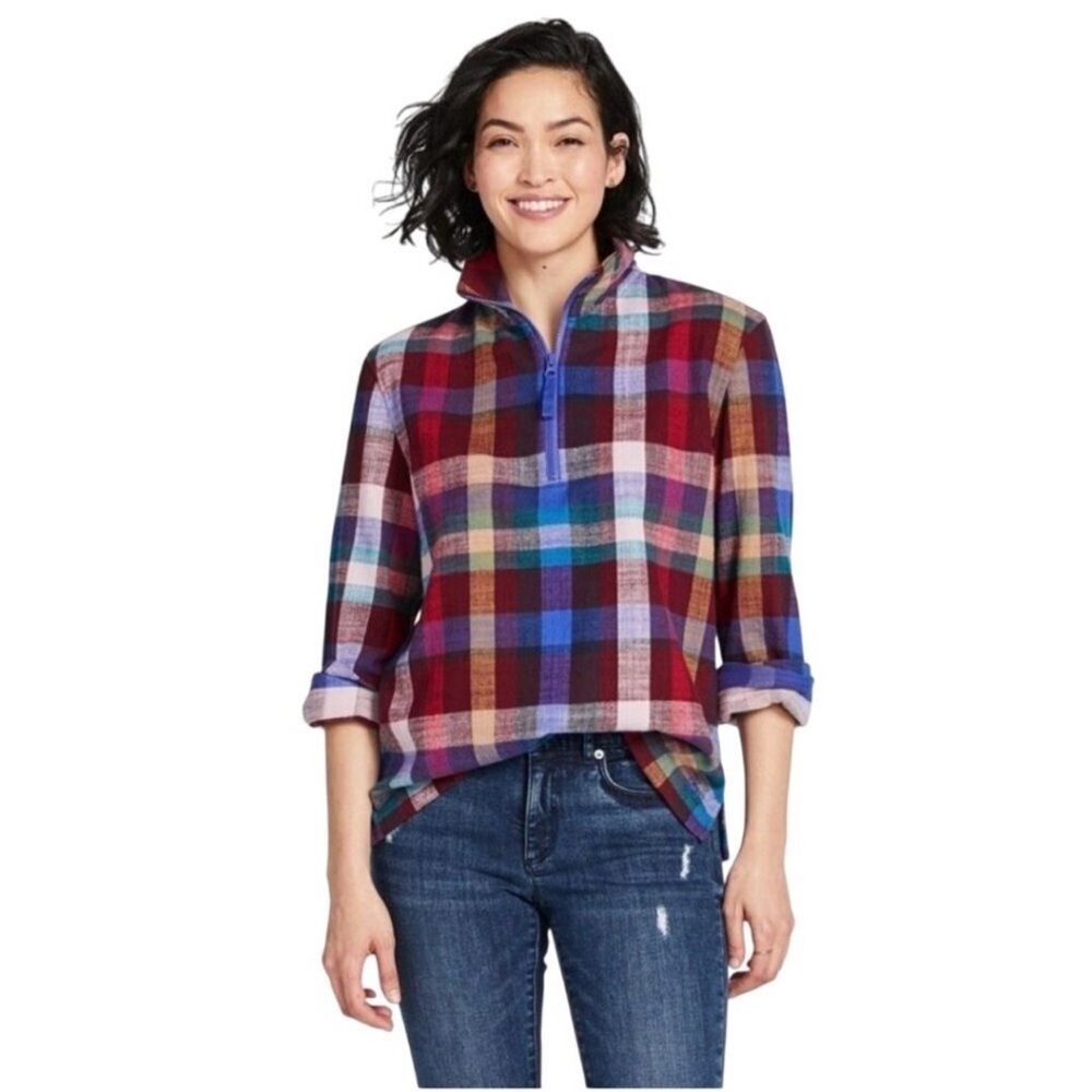 L.L. Bean women’s Heritage Textured 1/4 zip plaid flannel top size medium